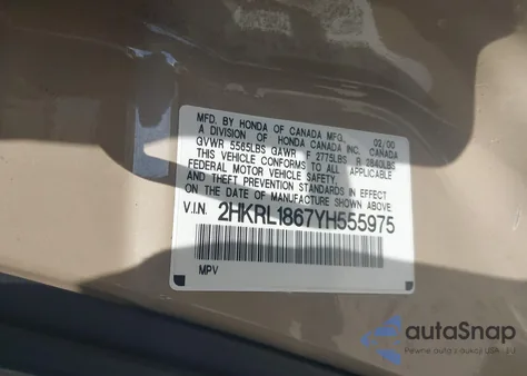 2000 Honda Odyssey Ex из США, поврежденный, VIN 2HKRL1867YH555975